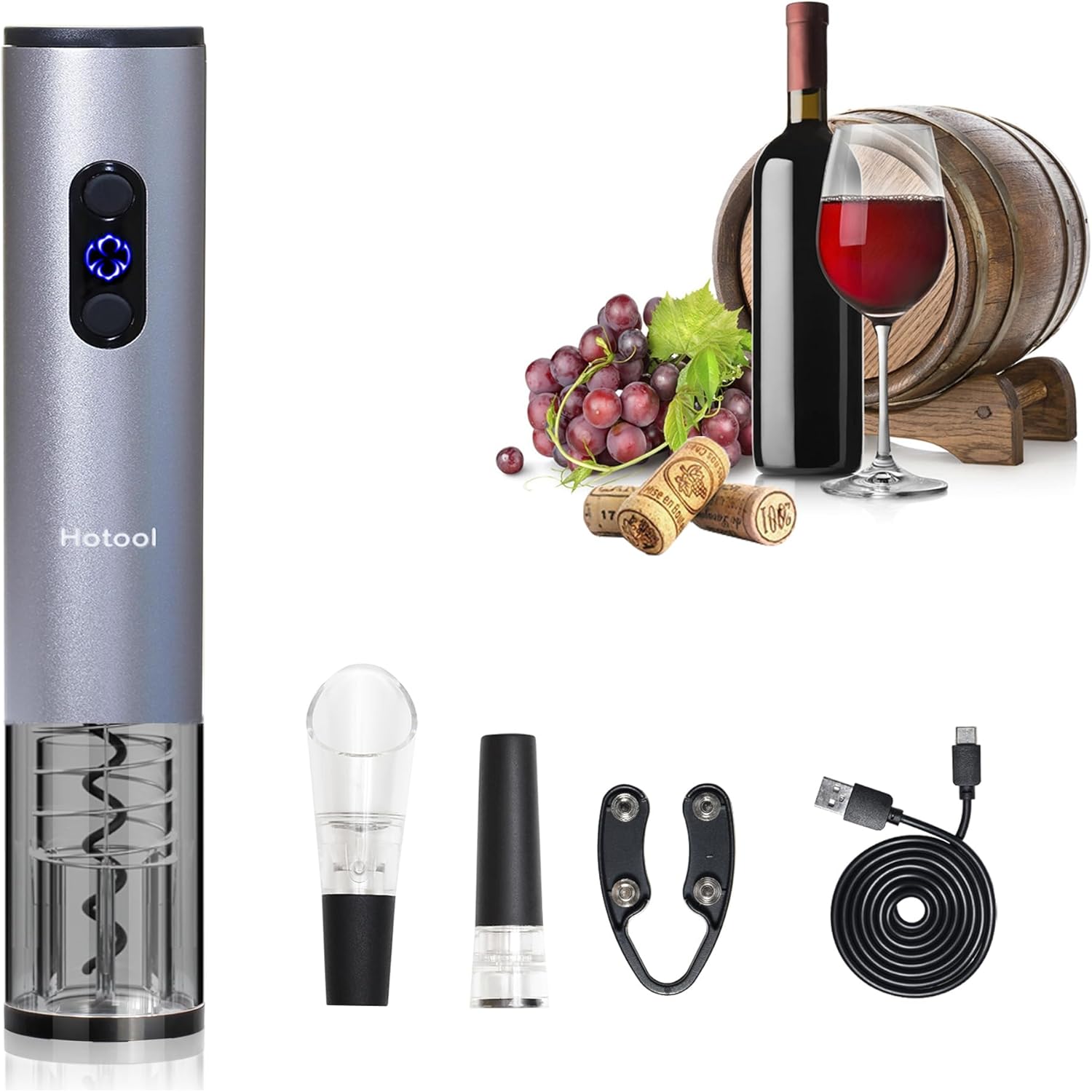 Electric Wine Bottle Opener Automatic Wine Opener Rechargeable Electric Corkscrew with Wine Aerator,Foil Cutter,Wine Stopper,USB-C Charge Cable, Perfect Dad Gifts(Silver)